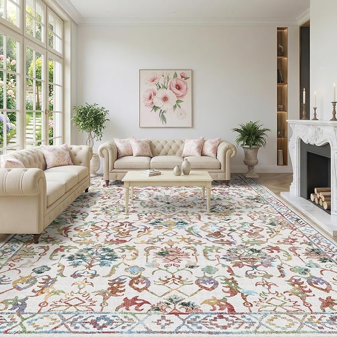 Deerly Area Rug 8x10 for Living Room Low-Pile, Tribal Farmhouse Soft Stain Resistant Medallion Colorful Rugs Carpet for Bedroom Dining Room Office Guest Room Kitchen Home Decor