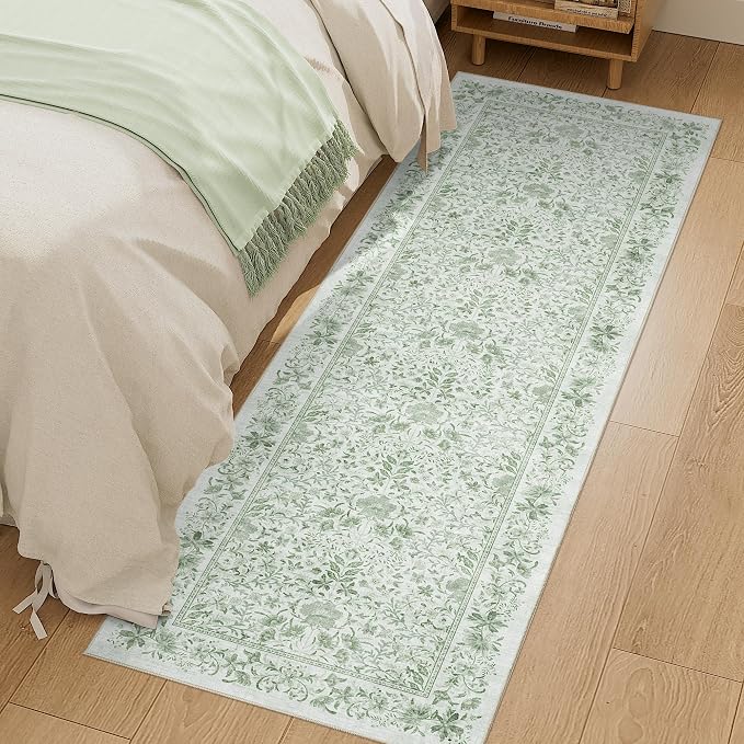 DUKINO 2x6 Runner Rug, Washable Vintage Floral Kitchen Rug, Sage Green | Non Slip, Low Pile, Stain Resistant Boho Soft Throw Carpet Runner for Hallway Bathroom Laundry Bedroom Entryway, Non-Shedding