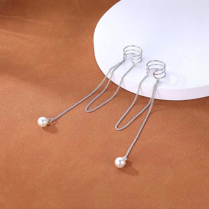 SLUYNZ 925 Sterling Silver No Piercing Cuff Earrings Chain for Women Wrap Earrings Pearl Tassel Clip On Ear