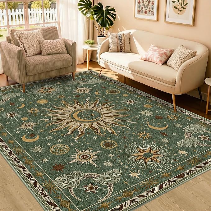 Vacuum-Friendly, 5x7 Washable Area Rug, Green Brown | Sun and Moon Boho Gothic Non-Slip Low Pile Living Roon Bedroom Dining Room Kitchen Entry Entryway Entrance Hallway Doormat