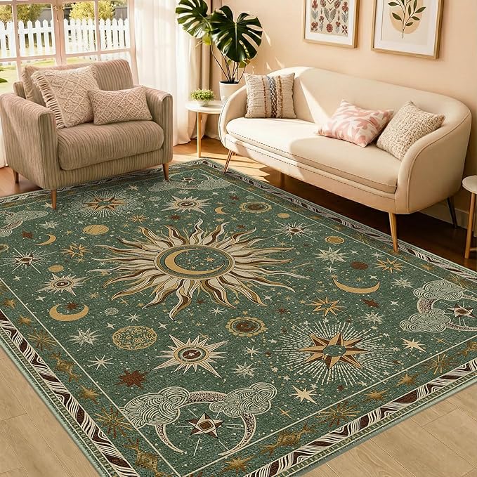 Vacuum-Friendly, 6x9 Washable Area Rug, Green Brown | Sun and Moon Boho Gothic Non-Slip Low Pile Living Roon Bedroom Dining Room Kitchen Entry Entryway Entrance Hallway Doormat