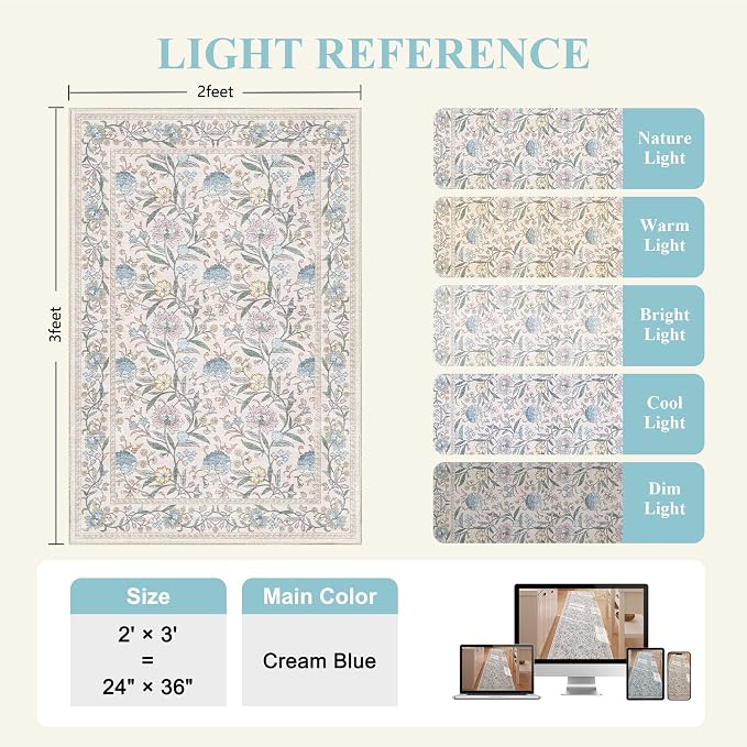 DUKINO 2x3 Rug, Washable Vintage Floral Bathroom Rugs Non Slip, Cream Blue | Low Pile, Stain Resistant Boho Soft Indoor Door Mat, Small Front Door Carpet for Entryway Kitchen Laundry Bedroom Farmhouse