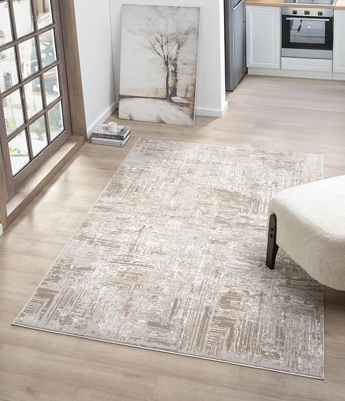 Amy Modern Abstract Area Rug for Living Room, 8x10 Contemporary Textured Geometric Large Beige Neutral Rug, High-Low Pile Stain Resistant Carpet for Bedroom or Dining Room (8' x 10', Beige)