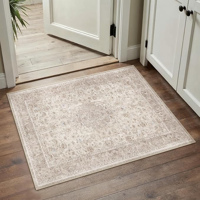 PureCozy 2x3 Washable Small Entryway Rug Beige Vintage Traditional Oriental | Non Slip, Soft Low Pile, Door Mat for Bathroom, Indoor Entrance, Kitchen, Distressed Retro Decor