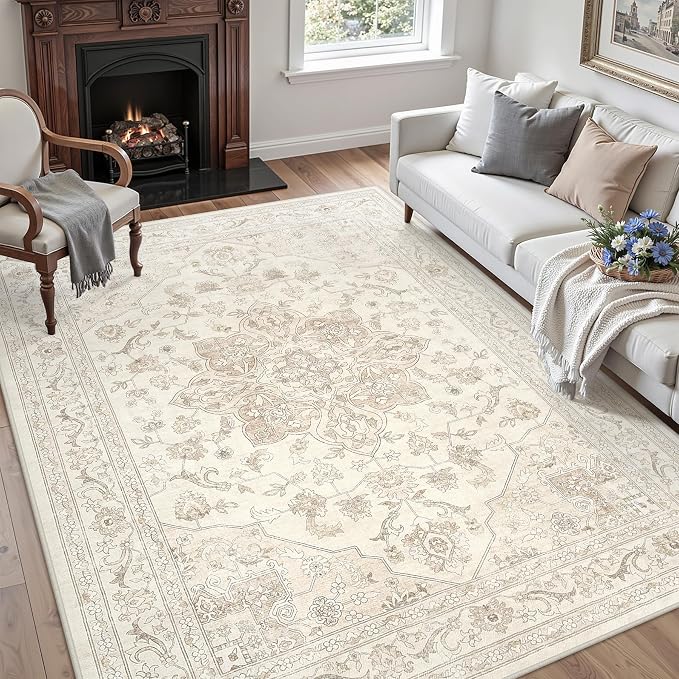 4x6 Area Rugs for Living Room: Vintage Boho Neutral Washable Rug Indoor Soft Large Area Rug Carpet for Bedroom Nursery Farmhouse Dining Room Office Floor Non-Slip Low Pile Under Table Rug Beige White