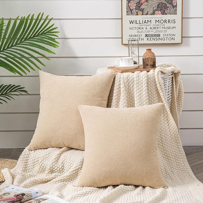 GAWAMAY Decorative Chenille Throw Pillow Covers 24x24 Inch Pack of 2, Soft Square Couch Pillow Cover for Sofa Cushion Living Room Bedroom Solid Dyed Pillowcases Beige 60x60cm (ONLY Covers)
