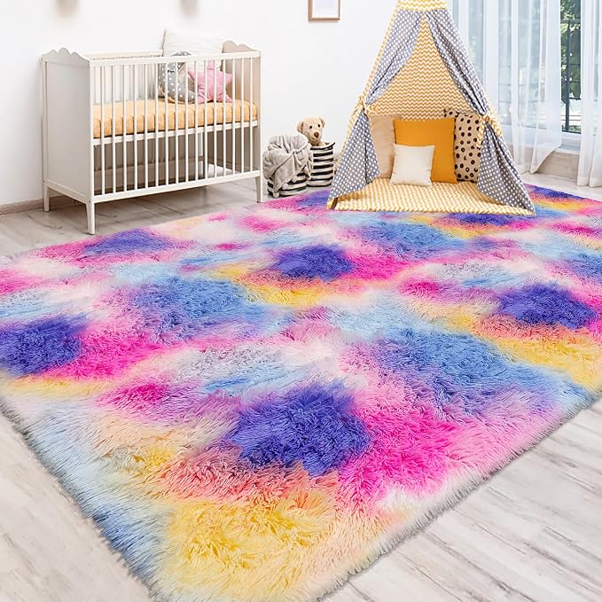 Dark Rainbow Rug for Kids Room 6x9 Cute Fluffy Kids Area Rugs for Bedroom Girls Boys Teens Dorm Toddler Nursery Soft Plush Fuzzy Shag Carpet for Living Room Indoor Floor Shaggy Rug Non Slip