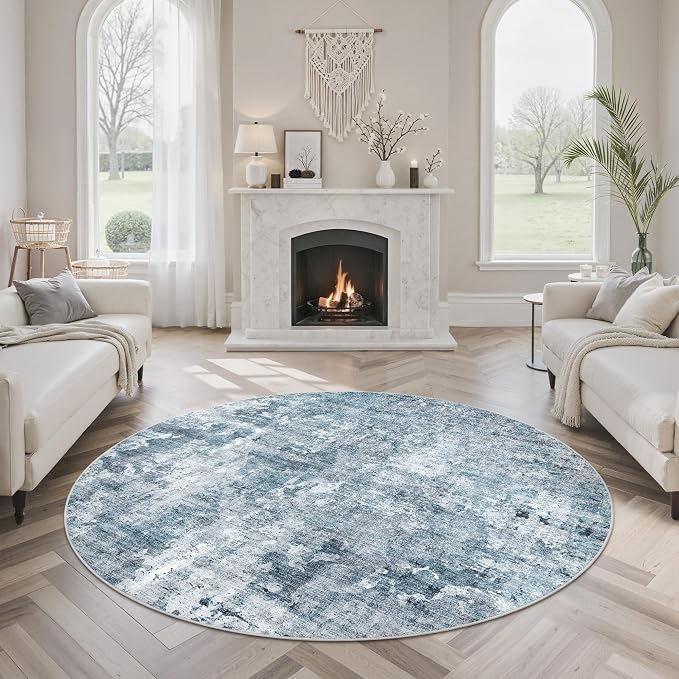 Soalmost 6x6 Blue/Grey Round Rug 6ft Living Room Circle Rug Vintage Round Area Rug Non Slip Indoor Carpet for Dining Room Bedroom