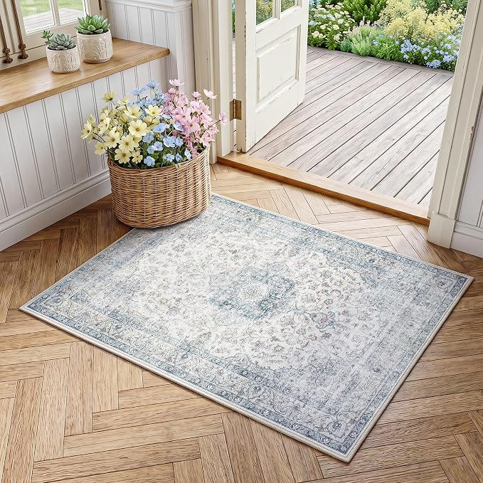 Entryway Rug 2x3 Blue Washable Vintage Entryway Area Rug Distressed Oriental Neutral Non Slip Low Pile Door Mat Soft Retro Small Throw Thin Indoor Carpet for Entry Entrance Kitchen Bathroom Bedroom
