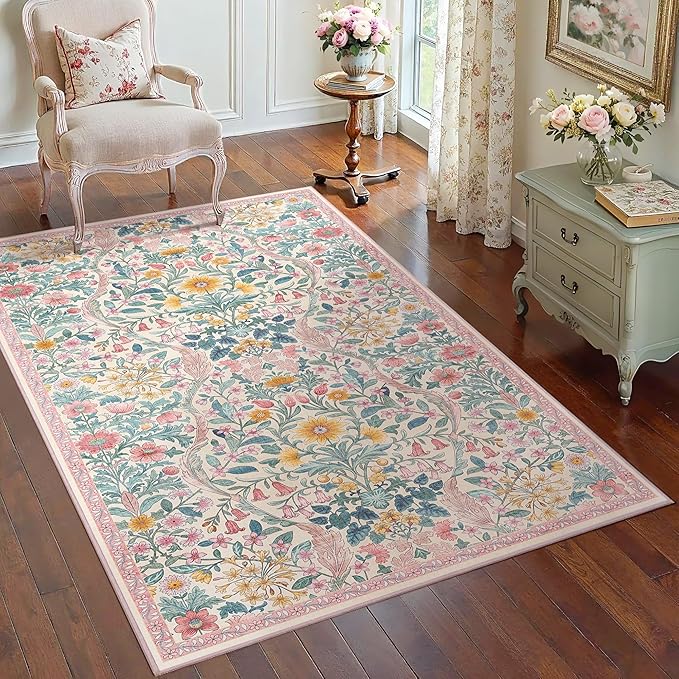 3x5 Light Pink Boho Floral Washable Rug,Soft Lightweight Low Pile Non-Shedding Carpet,Machine Washable Stain Resistant & Non-Slip for Entryway,Girls Bedroom,Kids Room,Living Room