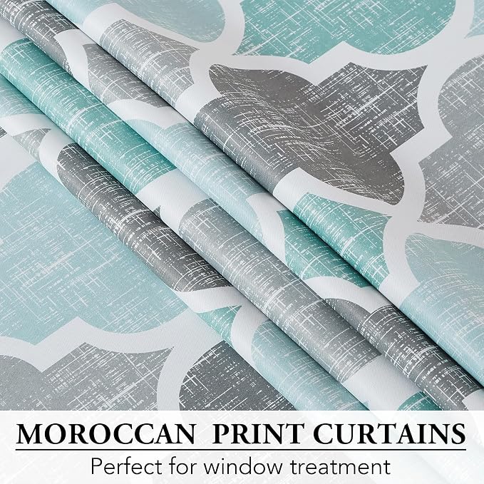 Beauoop Moroccan 100% Blackout Curtains Bedroom Aqua Grey 50x84 2 Panels | Geometric Room Darkening Drapes for Living Room 84 Inch Long Thermal Insulated Soundproof Lattice Window Treatment Rod Pocket