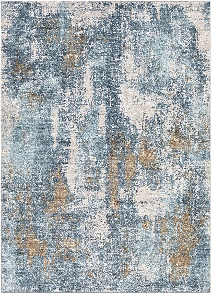 DMOYEST Area Rug Living Room Rugs - 6x9 Washable Soft Indoor Neutral Modern Abstract Low Pile Rug Carpet for Bedroom Dining Room Farmhouse Home Office - Blue Brown