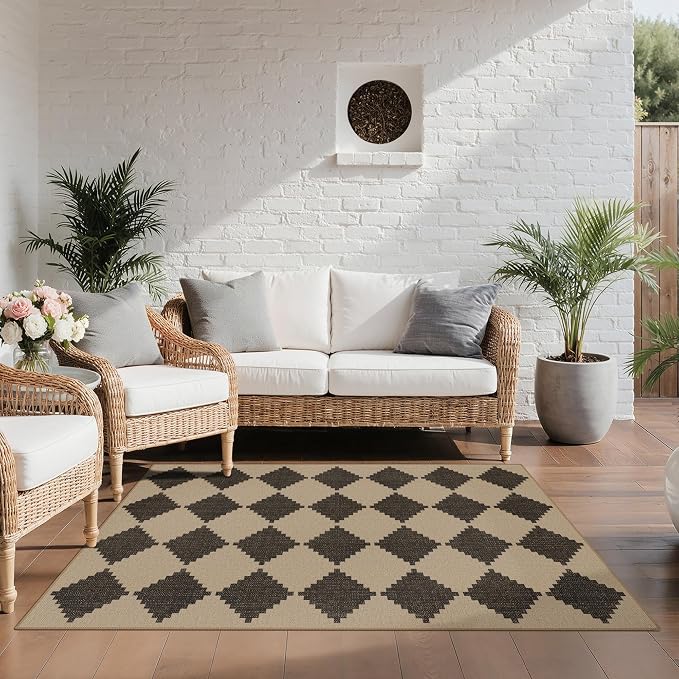 GENIMO Indoor Outdoor Area Rug 5'x8', Checkered Easy Jute Rug Machine Washable, Easy-Cleaning, Non Slip Geometric Woven Outdoor Carpet for Patio, Living Room, Backyard, Porch, Deck, Balcony