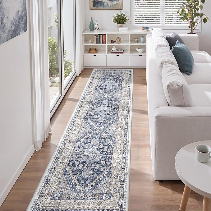 zesthome 2x7 Runner Rug Non Slip, Thin Entryway Washable Rug for Entryway, Runners for Hallways, Low Pile Vintage Abstract Soft Rugs for Living Room, Kitchen, Bedroom(Blue/Beige,2'x7')