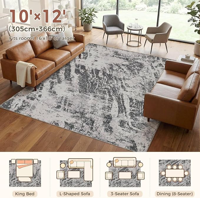 DMOYEST 10x12 Washable Area Rug: Abstract Modern Non-Slip Carpet, Soft Low Pile Indoor Neutral Easy Clean Floor Rugs for Living Room Bedroom Dining Room Kids & Pets - Black