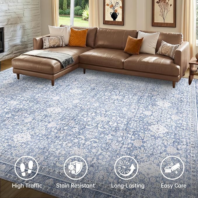 Sasttie 4x6 Area Rug, Ultra-Soft Washable Rug, Low Pile Foldable Thin Carpets with Non-Slip Backing, Skin-Friendly Stain Resistant Carpet for Living Room, Bedroom, Kitchen, Dorm, 4x6, Light Blue
