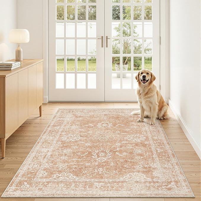 Madane 3x5 Area Rugs for Entryway,Washable Vintage Low Pile Non-Slip Throw Area Rugs, Accent Rug Floral Print Indoor Mat for Bedside Living Room Kitchen Bedroom, Jasper Orange