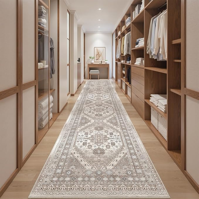 2'6" x 16'Non Slip Runner Rugs - Runners for hallways, Kitchen,Entryway,Stain Resistant Washable Rugs for Bedroom, Indoor Vintage Area Rugs (Brown/Beige,2'6" x 16')