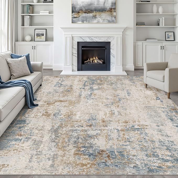 7x9 Area Rug Living Room: Washable Large Neutral Rug Abstract Soft Modern Stain Resistant Indoor Floor Non-Slip Carpet for Bedroom Nursery Kids Office Playroom Dining Room Under Table- Blue Brown