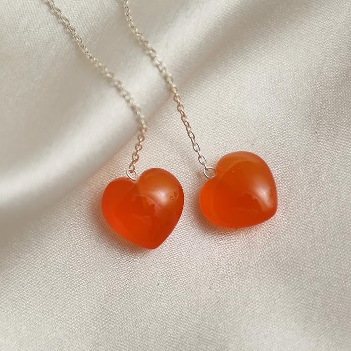Gemstone Heart Shaped Threader Earrings in 925 Sterling Silver, Pull Through Adjustable, Versatile & Trendy, Perfect Valentine's Gift for Women, Choice of Gemstone Available