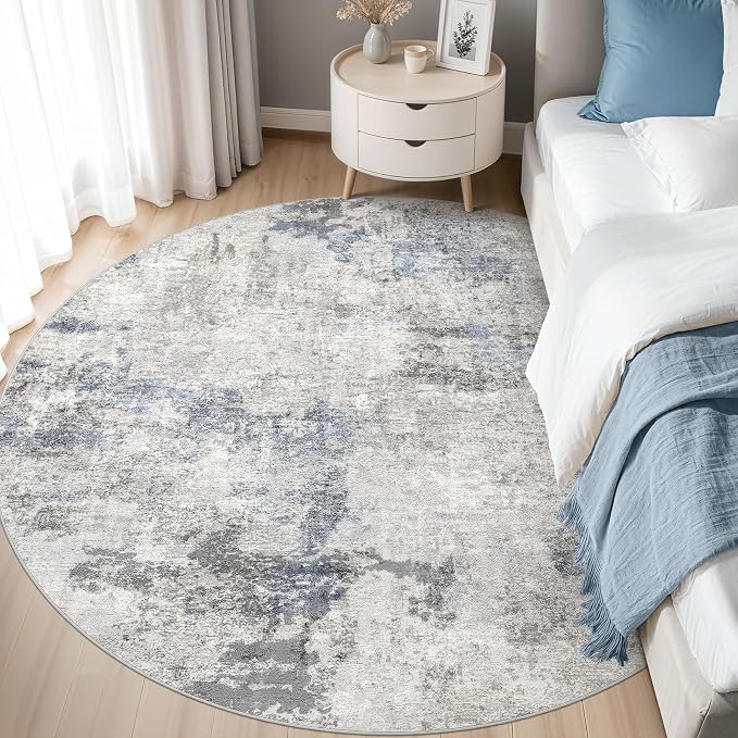 DMOYEST 6ft Round Area Rug for Living Room - 6x6 Washable & Non Slip Circle Rug, Kid & Pet Friendly Soft Low Pile Abstract Carpet for Bedroom and Dining Room - Grey Blue