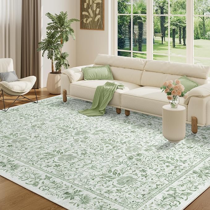 DUKINO 6x9 Area Rug Vintage Floral Washable Rugs for Living Room Sage Green | Non Slip, Low Pile, Non-Shedding, Soft Indoor Large Carpet for Bedroom, Office, Dining Room, Farmhouse, Nursery, Home Decor