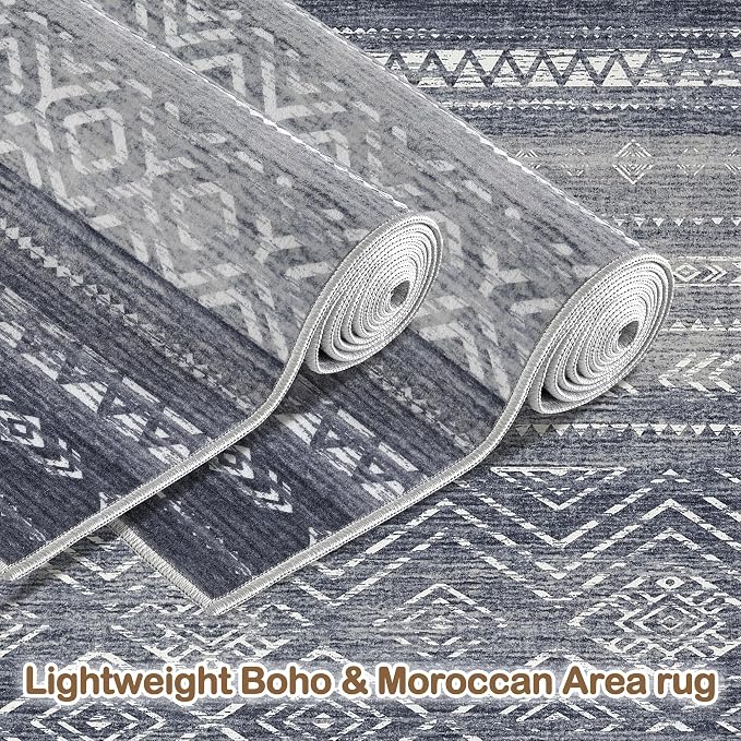 Tortania Area Rug Living Room Rugs- 10x14 Washable Large Soft Neutral Boho Moroccan Bohemian Farmhouse Rug Indoor Floor Carpet for Bedroom Under Dining Table Home Office Decor - Blue Gray