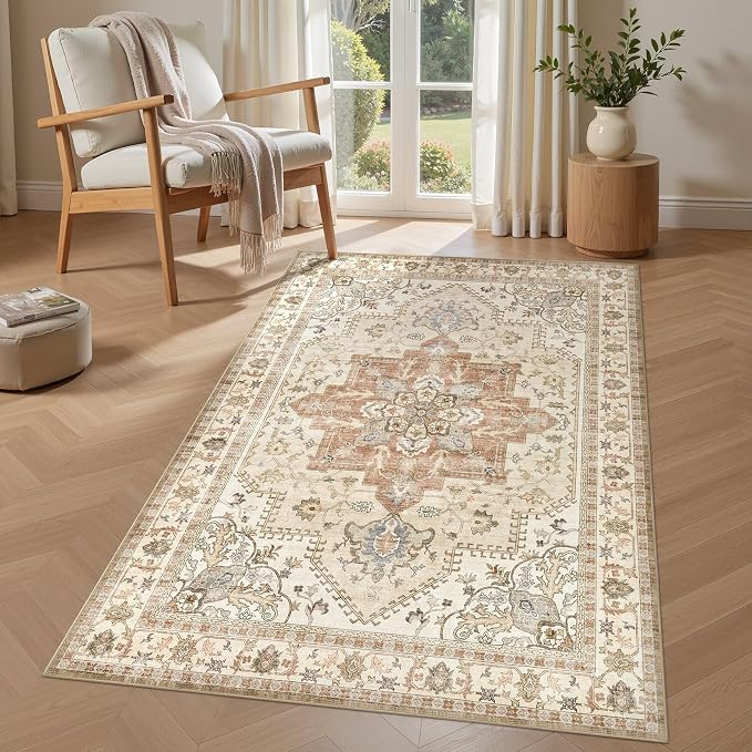 Tortania Area Rug Living Room Rugs - 3x5 Washable Rug Vintage Oriental Distressed Farmhouse Small Thin Indoor Carpet for Living Room Bedroom Under Dining Table Home Office - Rust/Cream