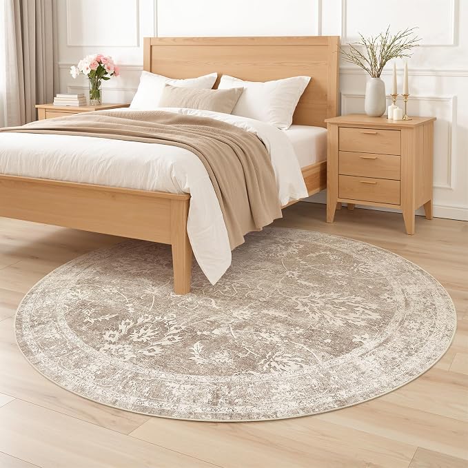 Madane Washable Round Rug 6ft for Living Room, Soft Ultra-Thin Non-Slip Vintage Floral Circle Area Rug, 6x6 Round Throw Carpet for Entryway Nursery Bedroom Kitchen Dining Room (Brown/Sand, 6'Round)