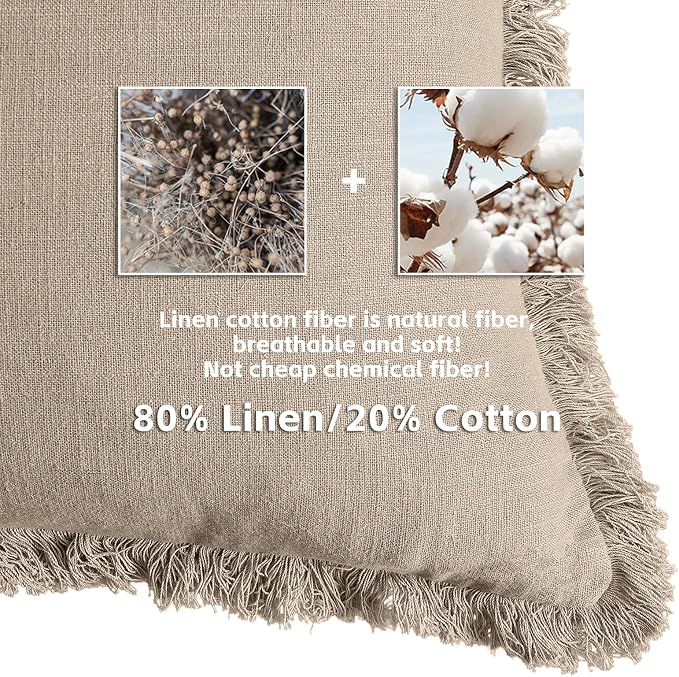 AmHoo Pack of 2 Linen Pillow Covers with Tassels Fringed Decorative Rustic Natural Throw Pillowcase Cushion for Couch Sofa Bedroom 22 x 22-Inch Beige