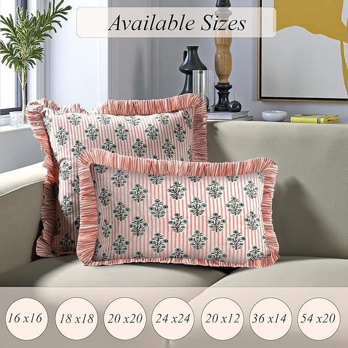Ridhi Block Print Salmon Blossom Throw Pillow Cover 18" x 18" (Pack of 2) Decorative Cushion Covers with Ruffle for Couch, Sofa, Bed, Living Room, Home Decor Gift for Spring, Easter, Valentine