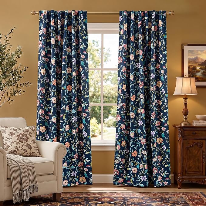 jinchan Dark Blue Floral Blackout Curtains 84 Inch Back Tab 2 Panels | Room darkening, light blocking, elegant vintage drapes, botanical floral print, bedroom, living room, window treatment