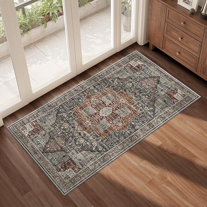 Roxstand Washable Runner Rug 2x4, Non Slip Small Rugs Grey/Brown/Tan | Low Pile Vintage Rug, Stain Resistant,Pet & Kid Friendly, Carpet for Entryway, Bedroom, Kitchen,Laundry and Bathroom