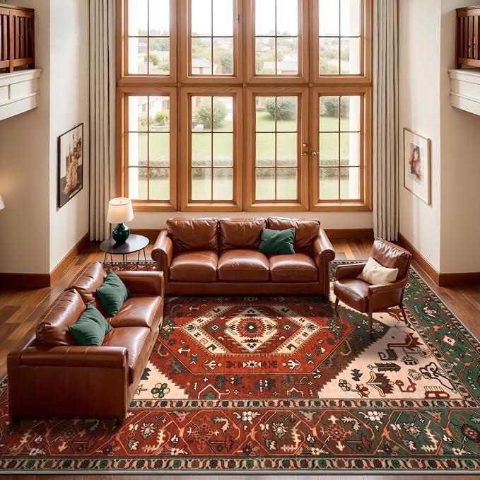 SERISSA 9x12 Area Rugs for Living Room, Large Washable Non-Slip Boho Rug, Ultra Soft Vintage Terracotta Green Oriental Tribal Print Distressed Carpet for Dining Room Bedroom Dorm Office Home Decor