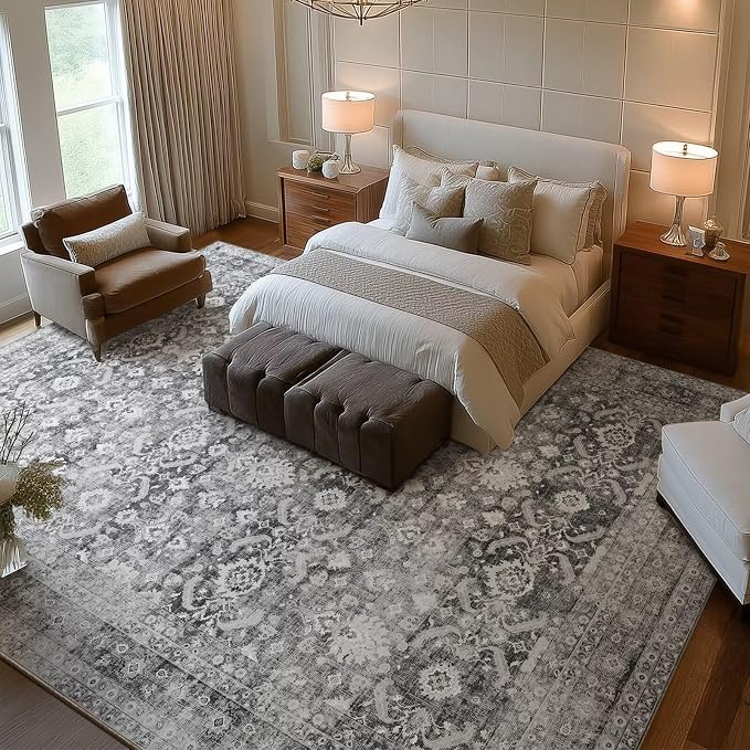 Boho Washable 9x12 Area Rugs for Living Room, Cushioned, Grey | Vintage Non-slip Neutral Oriental Rugs for Bedroom Dining Room Nursery Office High Traffic Area
