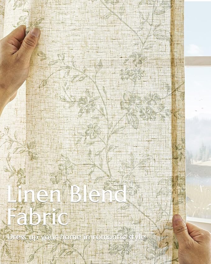 jinchan Green Floral Linen Curtains 96 Inch Farmhouse Back Tab 2 Panels | Flower patterned drapes, french country, light filtering, semi sheer, printed, privacy, bedroom, living room, home decor