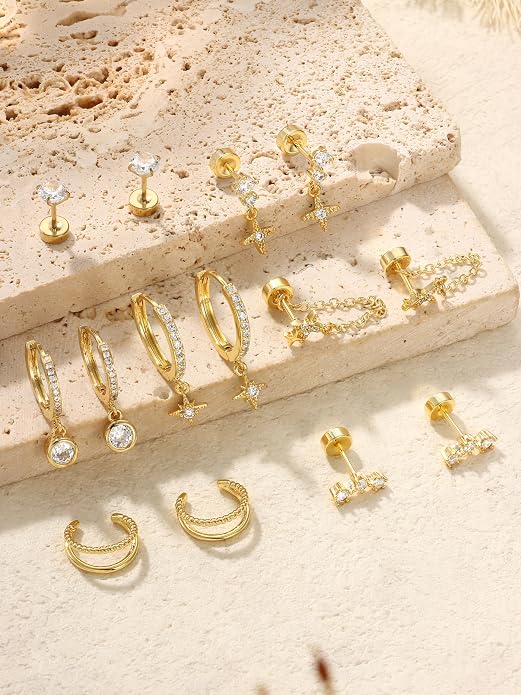 Dochais Flat Back Cartilage Earrings for Women Trendy Dainty CZ Flatback Studs Earing Sets 14k Gold Plated Hypoallergenic Huggie Hoops Earring Stacks for Multiple Piercing
