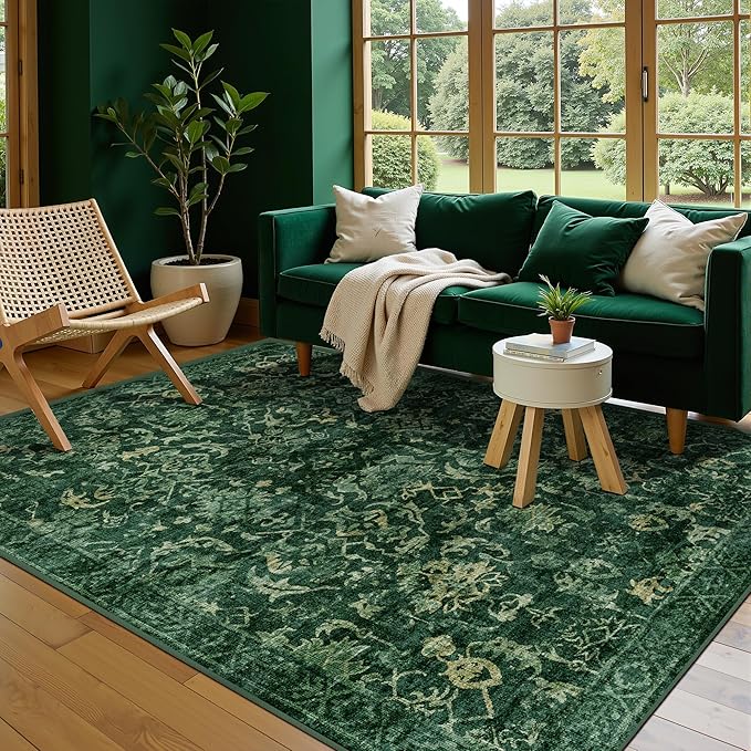 Dark Green Vintage Area Rug 4x6 for Living Room Bedroom, Washable Distressed Farmhouse Soft Thin Non-Shedding Indoor Throw Rug, Traditional Accent Carpet for Bedroom Office