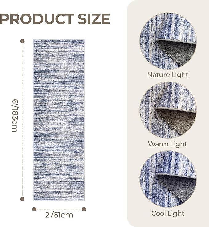 2x6 Runner Rug Non Slip,Washable Hallway Runner Rug,Blue | Neutral Rugs for Kitchen,Entryway,Bedroom,Bathroom,Nursery Room,Thin,Soft Runner Rug,Stain Resistant Indoor Carpet