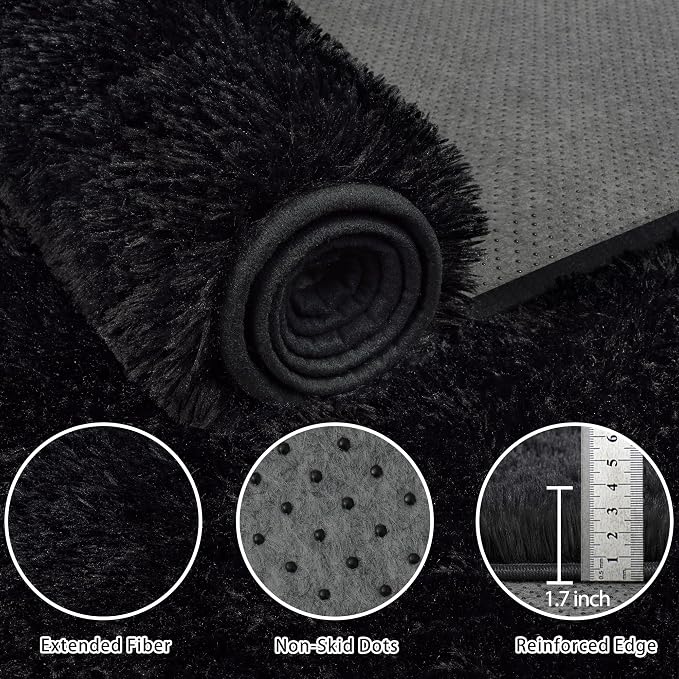5x7 Area Rug for Living Room:Ultra Soft Fluffy Shag Black Rugs,Large Fuzzy Plush Indoor Non Slip Carpet Washable Rug for Bedroom Kids Nursery Office Dorm Modern Decor(Black 5'x7')