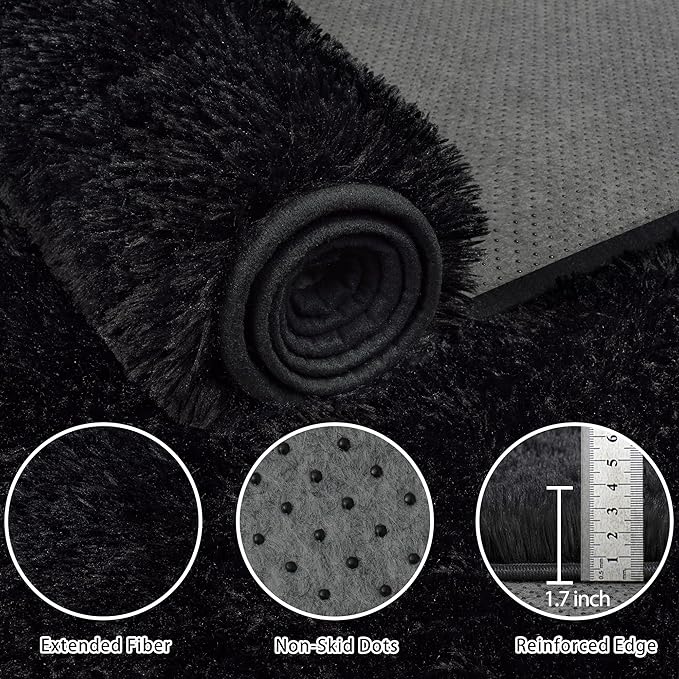 9x12 Area Rug for Living Room:Ultra Soft Fluffy Shag Black Rugs,Large Fuzzy Plush Indoor Non Slip Carpet Washable Rug for Bedroom Kids Nursery Office Dorm Modern Decor(Black 8'x10')