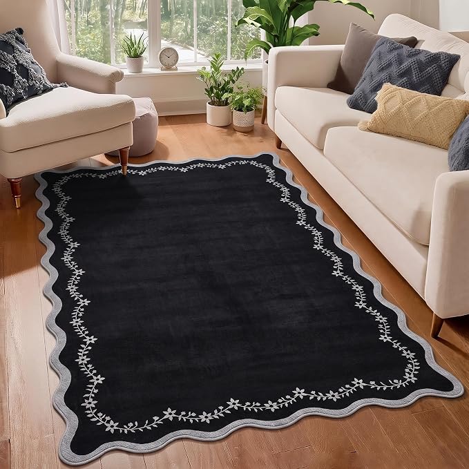 GarveeHome 4x6 Scalloped Washable Area Rug Black Nursery Kids Bedroom Rug | Soft Solid Rug Non Slip Low Pile Small Carpet Stain Resistant Throw Rug for Dorm Playroom Office Dining Room