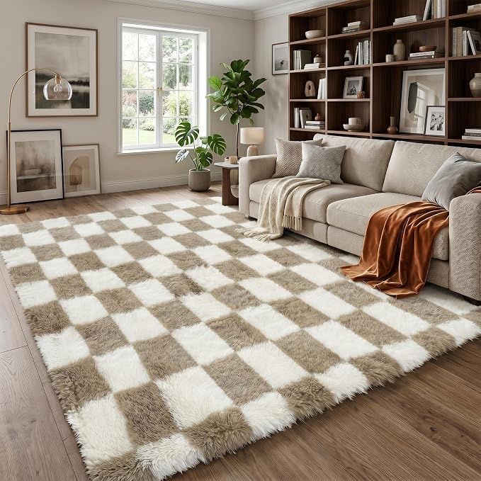 Garvee Checkered Rug 4x6 Super Soft Shaggy Rugs Fluffy Carpets Fluffy Fuzzy Rug for Living Room Bedroom,Checkered Fluffy Rugs for Girls Kids Room, Shag Plush Carpet for Teen Room Decor, Taupe-White