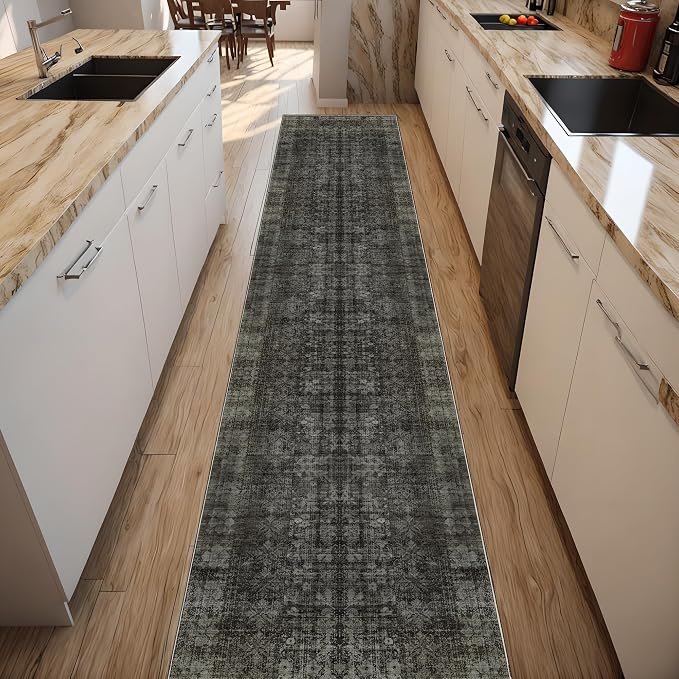 Washable Runner Hallway Rug, 2x8, Black | Low Pile Non Slip Non-Shedding Kitchen Carpet Soft Indoor Stain Resistant Rug for Bedroom Laundry Room Bathroom