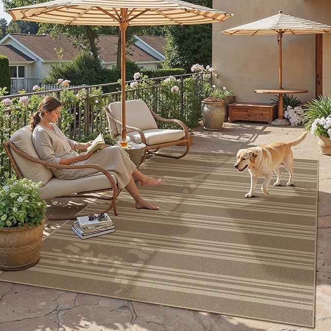 PureCozy Outdoor Rug 5x7 Washable Striped Jute Look Non Slip Carpet | Khaki Stripe Farmhouse Style, Indoor Outdoor Area Rug for Patio, Living Room, Dining Room, Non Shedding, Neutral Rugs