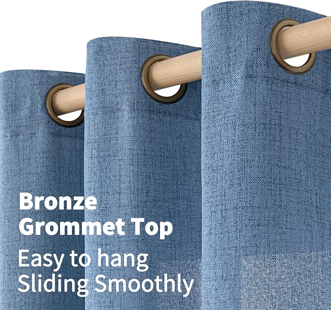 YoungsTex Blue Linen Curtains 54 Inches Length for Living Room Window - Bronze Grommet Short Light Filtering Drapes Privacy for Bathroom Bedroom Decorative, 42 x 54 Inch, 2 Panels