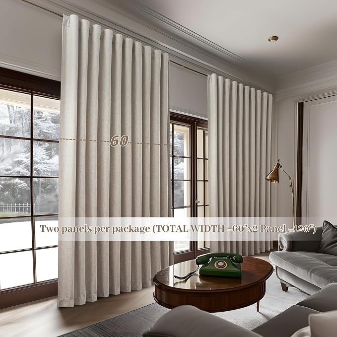 Blackout Curtains 60 Inches Extra Wide Natural Linen Curtains 92 Inch Length for Living Room, Pleated Farmhouse Bedroom Thermal Heavy Drapes for Winter Thick Large Window 60"W x 92"L 2 Panels