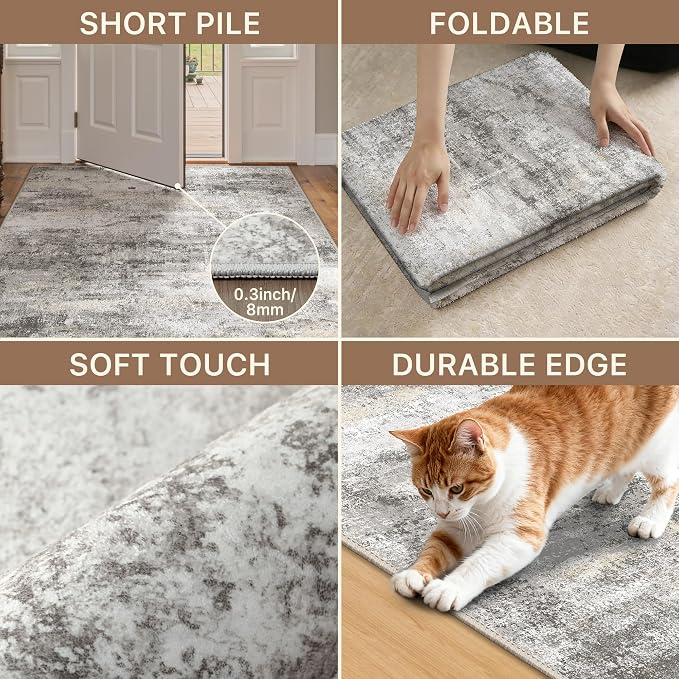 GENIMO Runner Rug Non Slip 2'6"x10', Washable Rug Runner for Hallways Kitchen, Abstract Modern Kitchen Rugs, Low Pile Lightweight Carpet Runners for Entryway, Bedroom, Laundry, Grey Beige