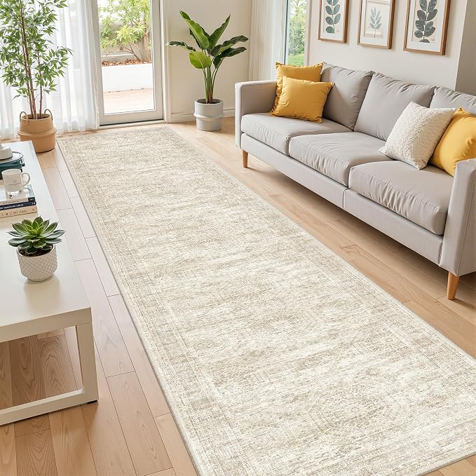 2x10 Runner Rug Non Slip,Washable Hallway Runner Rug,Beige | Long Neutral Rugs for Kitchen,Entryway,Bedroom,Bathroom,Laundry Room,Thin,Soft Runner Rug,Stain Resistant Indoor Carpet
