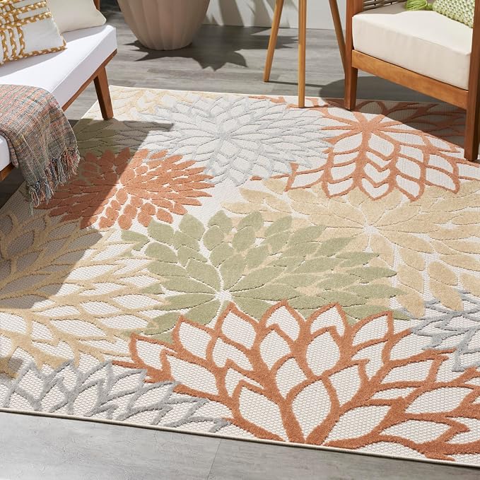Nourison Home Aloha Indoor/Outdoor Ivory Multicolor 6' x 9' Area Rug, Easy Cleaning, Non Shedding, Bed Room, Living Room, Dining Room, Backyard, Deck, Patio (6x9)